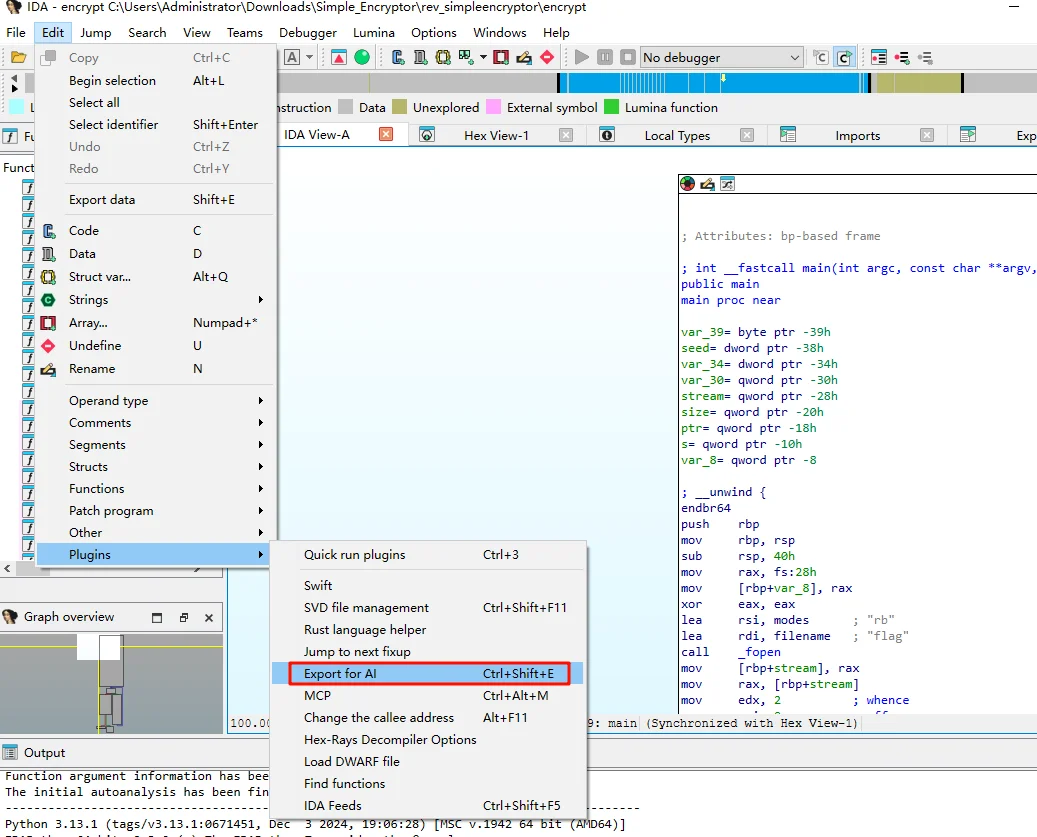IDA 中执行 Export for AI 导出